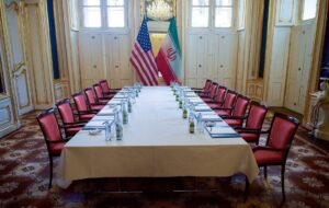 Meeting room with flags and table