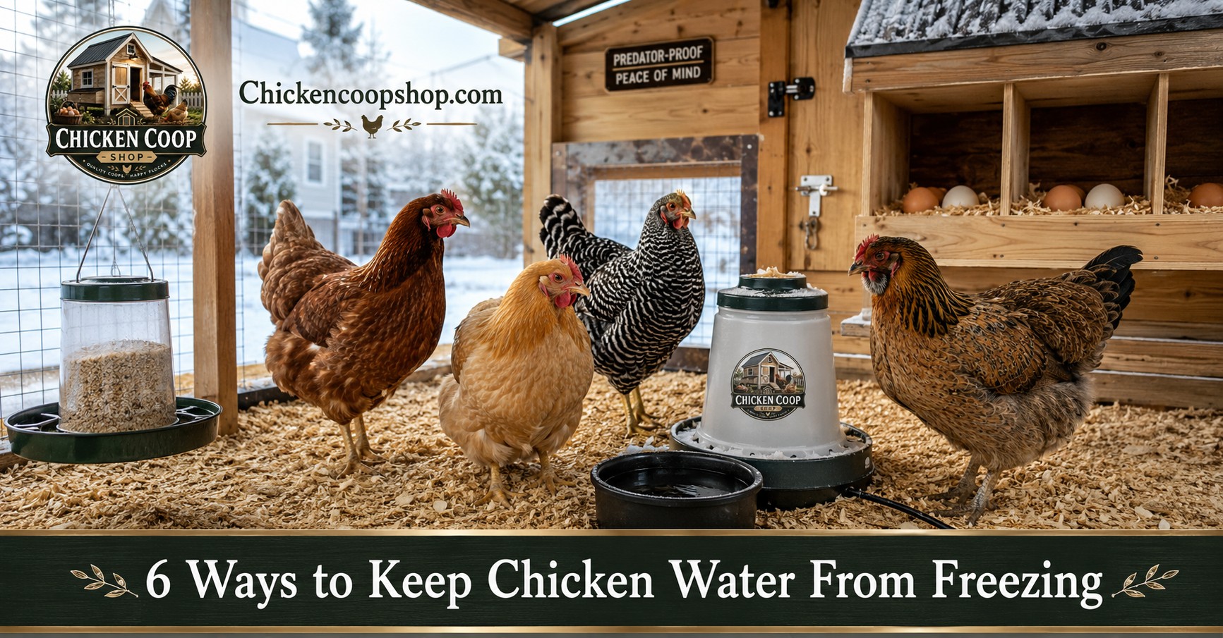 Backyard chicken coop in winter with safe heated waterer and healthy hens near clean dry bedding
