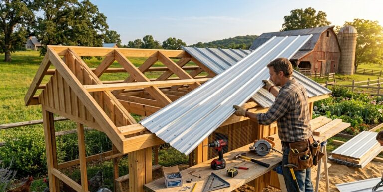 DIY wooden chicken coop roof construction with metal roofing panels
