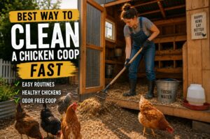 Woman cleaning a modern backyard chicken coop with healthy chickens in a clean US homestead setting