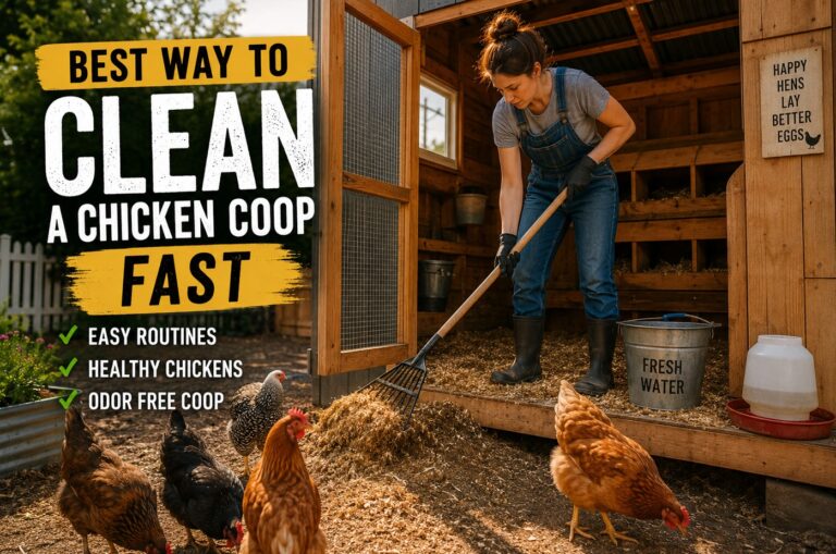 Woman cleaning a modern backyard chicken coop with healthy chickens in a clean US homestead setting