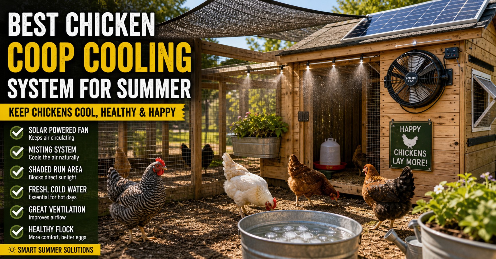 Modern backyard chicken coop cooling system during hot summer weather