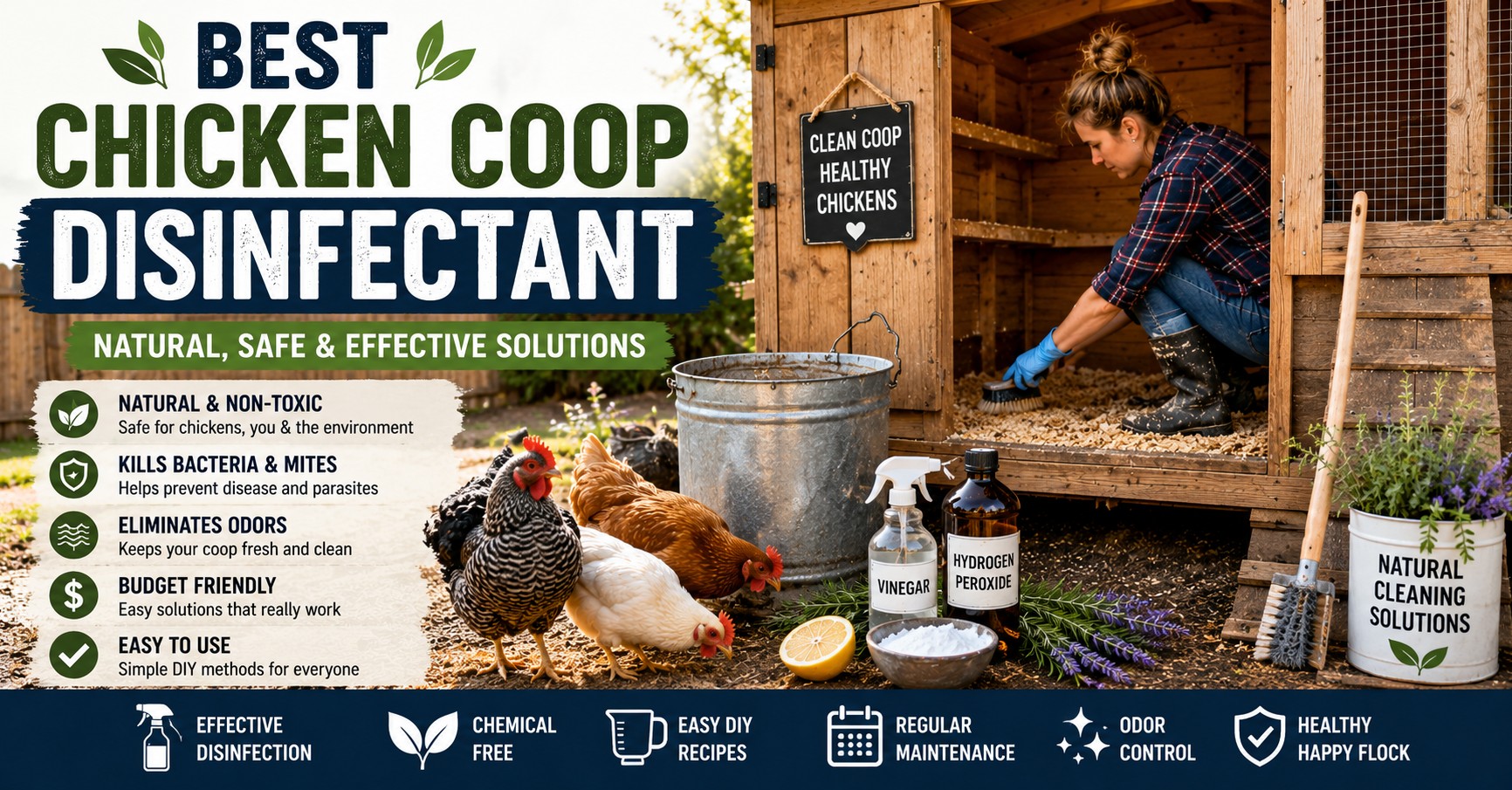 Backyard chicken coop being disinfected naturally with healthy chickens nearby