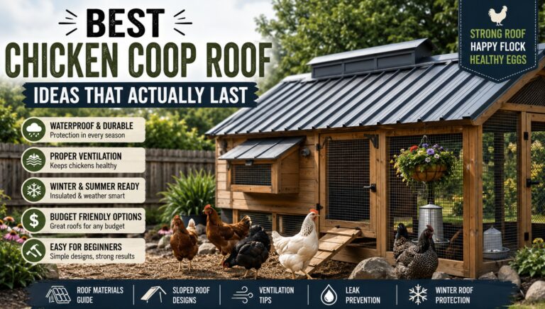 Modern waterproof chicken coop roof in a backyard with healthy chickens