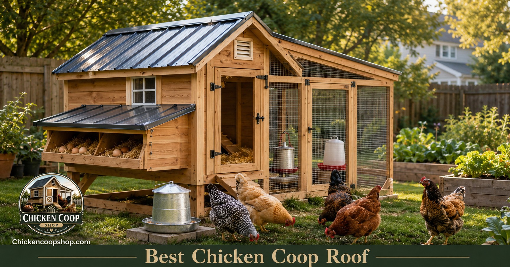 Modern backyard chicken coop with durable sloped roof, healthy hens, clean run, and weather protected nesting area