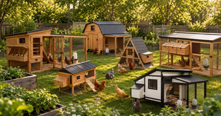 Modern backyard chicken coop in New York style homestead yard with healthy hens and secure covered run