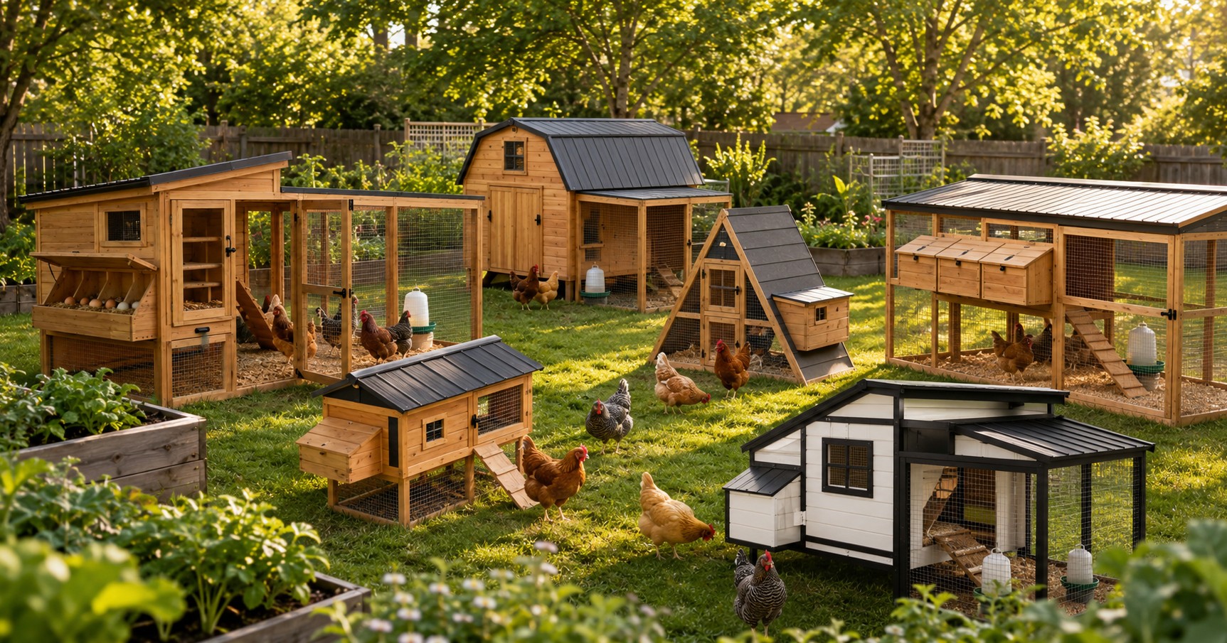 Modern backyard chicken coop in New York style homestead yard with healthy hens and secure covered run
