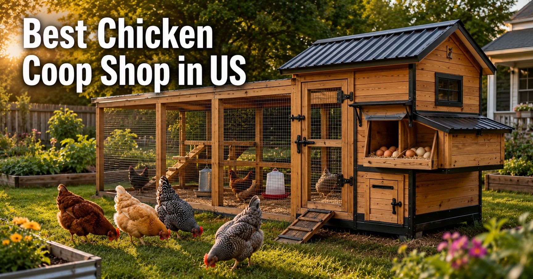 Modern predator proof backyard chicken coop with covered run for US chicken owners