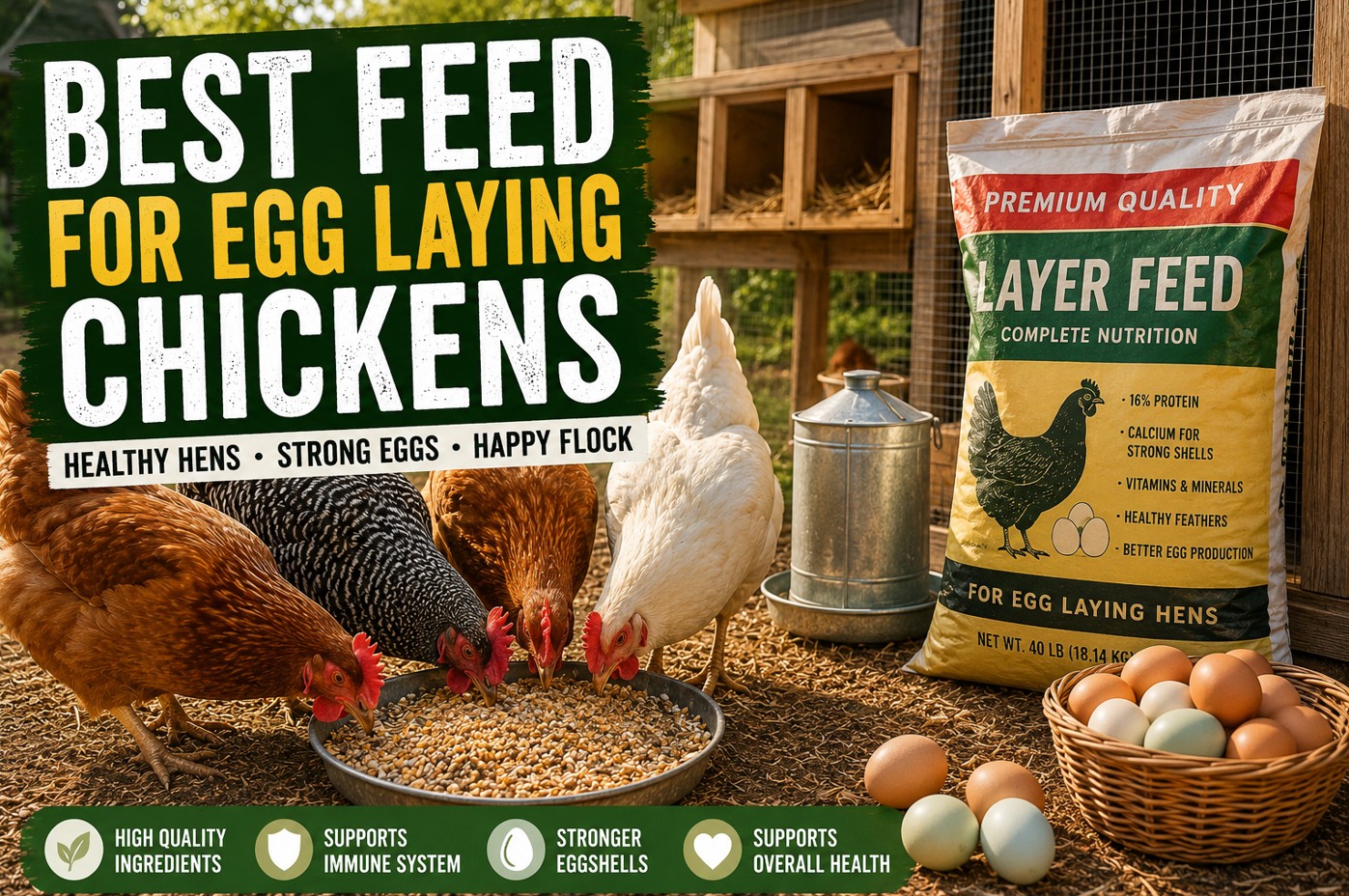 Healthy backyard hens eating premium chicken feed near a modern chicken coop in a US backyard
