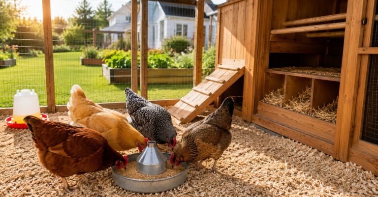 Healthy backyard laying hens eating layer feed in a clean US chicken coop