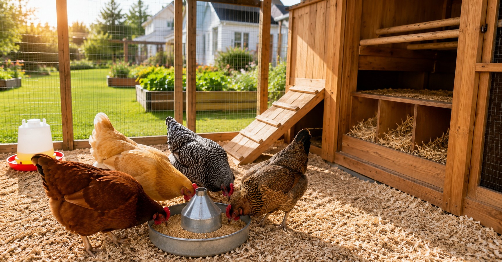 Healthy backyard laying hens eating layer feed in a clean US chicken coop