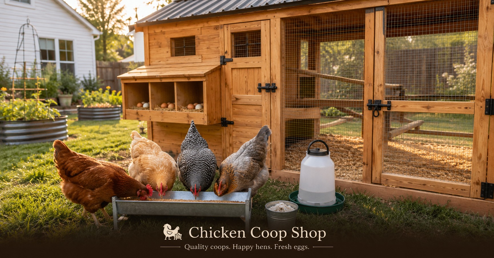 Best chicken feed for laying hens in a clean US backyard chicken coop with hens, feeder, waterer, and nesting boxes