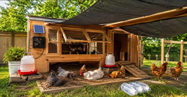 Budget chicken coop cooling setup with shade and water for backyard chickens
