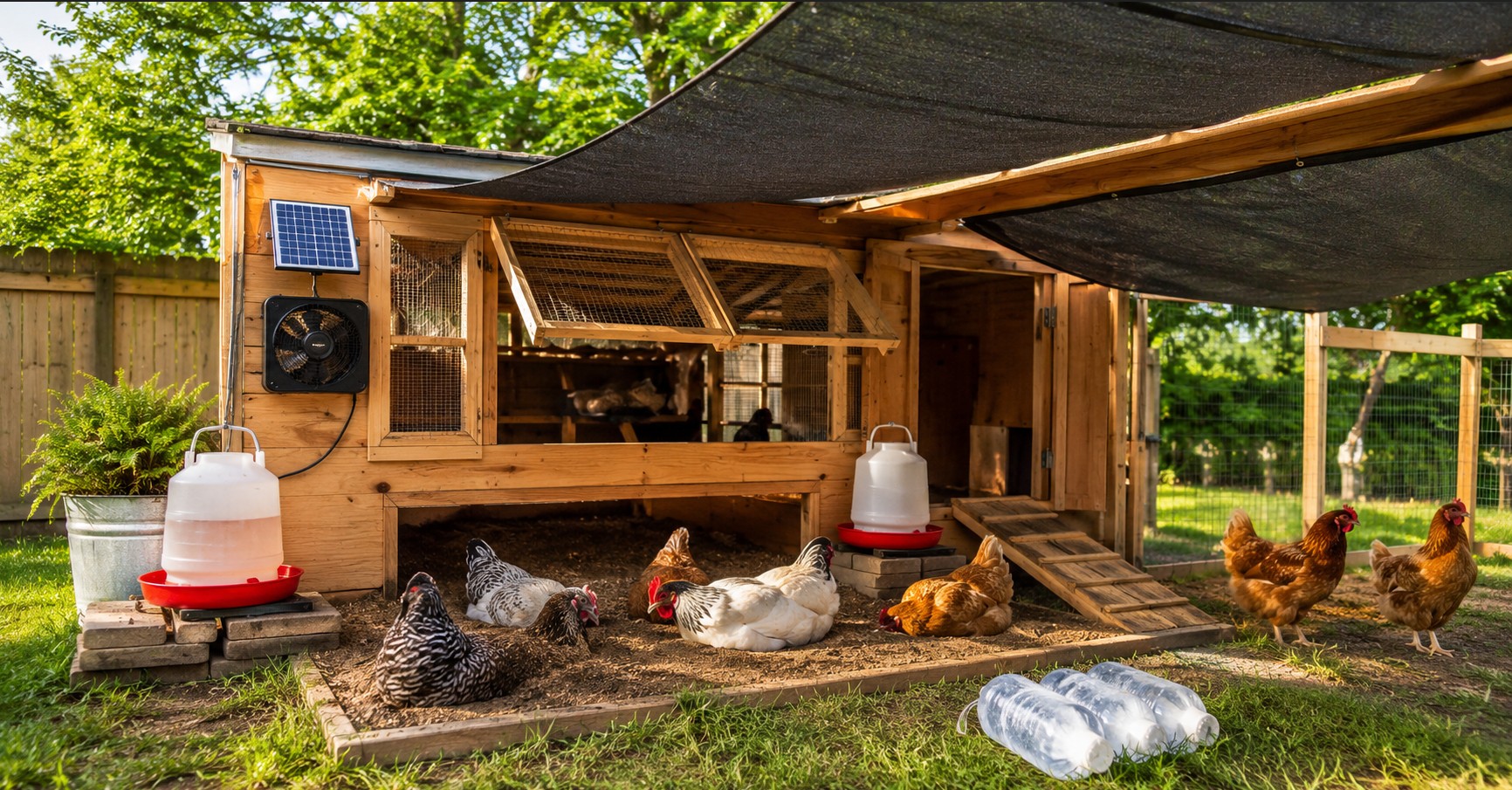 Budget chicken coop cooling setup with shade and water for backyard chickens