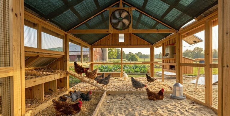 Modern backyard chicken coop cooling system with solar fan and shade cloth