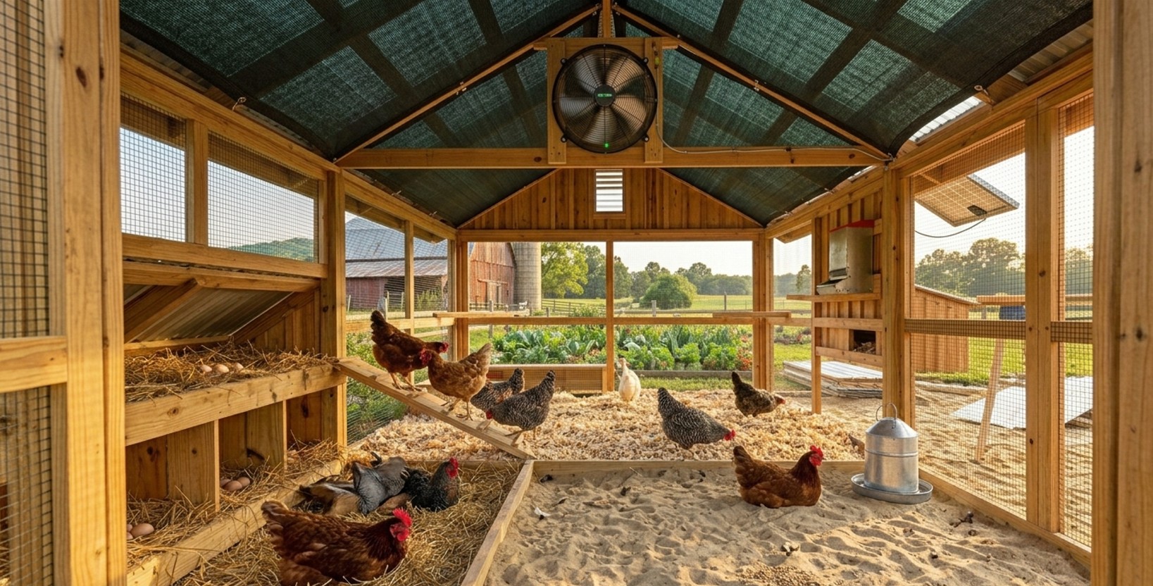 Modern backyard chicken coop cooling system with solar fan and shade cloth