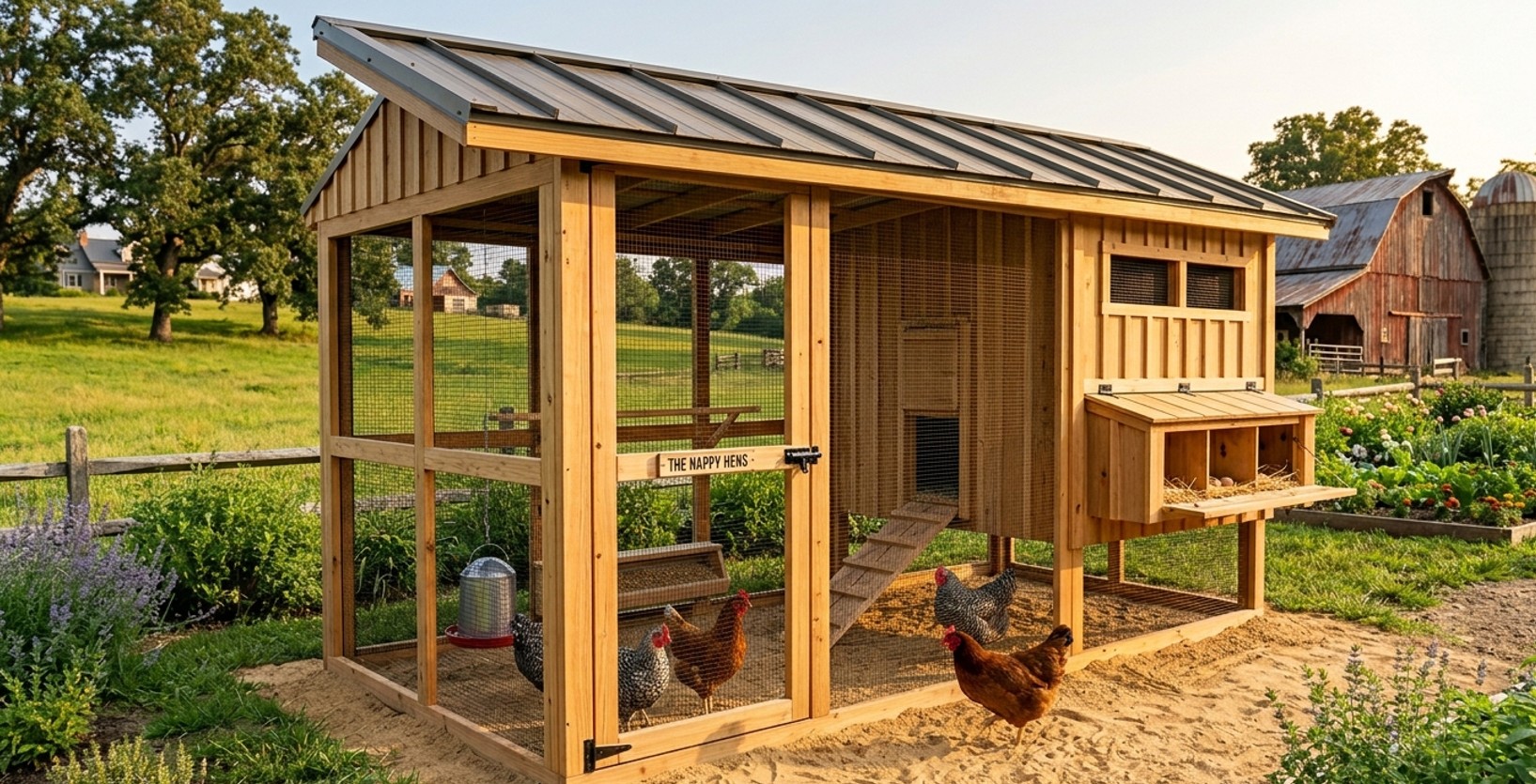 Modern backyard chicken coop with durable slanted metal roof