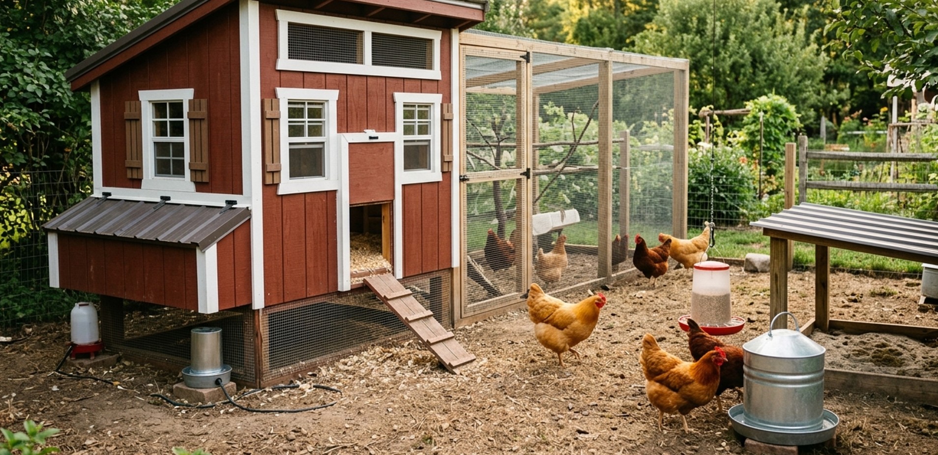 Backyard chicken coop prepared for winter and summer seasonal care in a modern US homestead yard