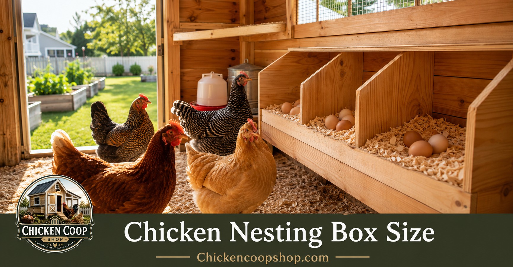 Clean chicken nesting boxes inside a modern backyard chicken coop with healthy hens and fresh eggs