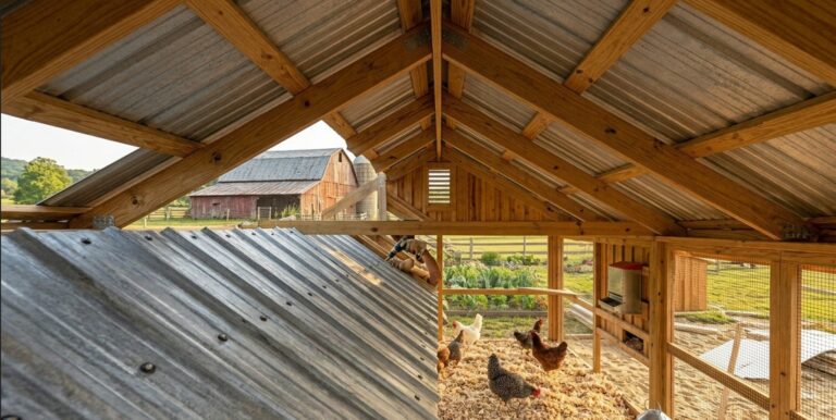 DIY backyard chicken coop roof made with corrugated metal sheets