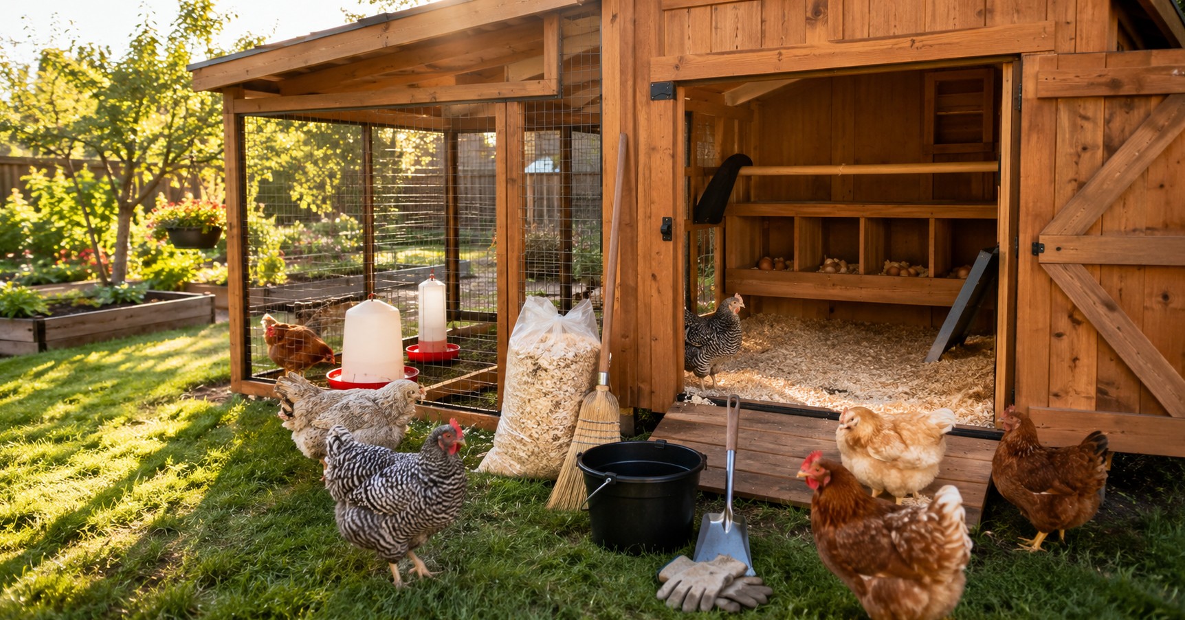 Clean backyard chicken coop with fresh bedding, nesting boxes, eggs, and healthy hens in a modern US homestead setting