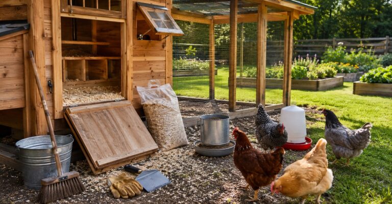 Backyard chicken owner cleaning a modern chicken coop with fresh bedding and healthy hens nearby