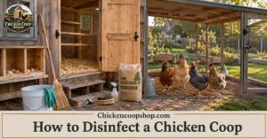 Backyard chicken coop being safely cleaned and disinfected with healthy hens nearby