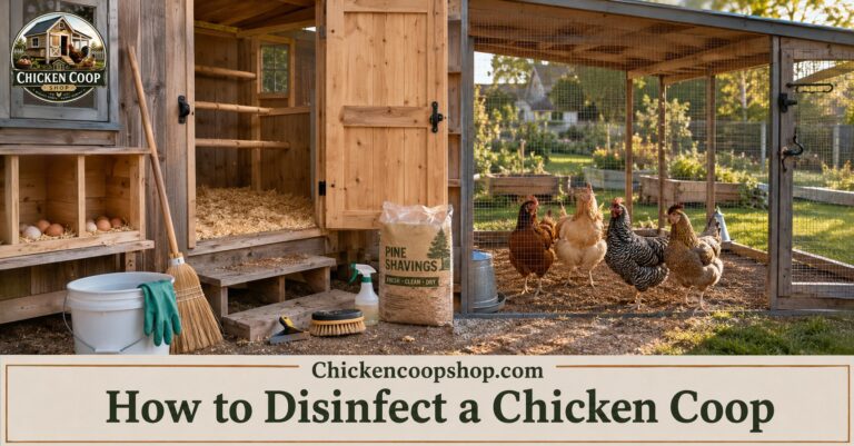 Backyard chicken coop being safely cleaned and disinfected with healthy hens nearby