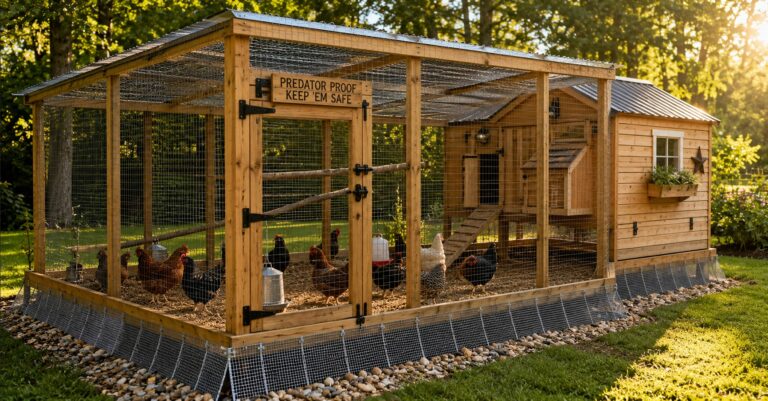 Backyard chicken coop with covered run and strong predator protection fence in a sunny US homestead yard