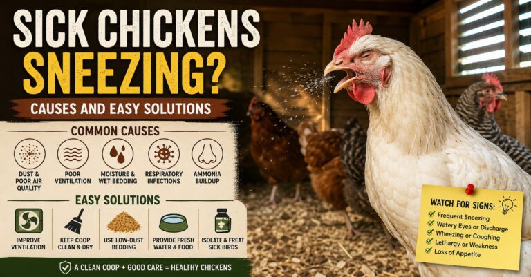 Sneezing backyard chicken inside clean ventilated chicken coop