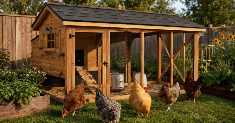 Waterproof chicken coop roof on a modern backyard chicken coop with healthy hens in a clean covered run