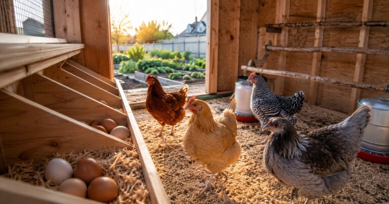 Clean chicken nesting boxes with fresh eggs and soft bedding inside a modern backyard chicken coop