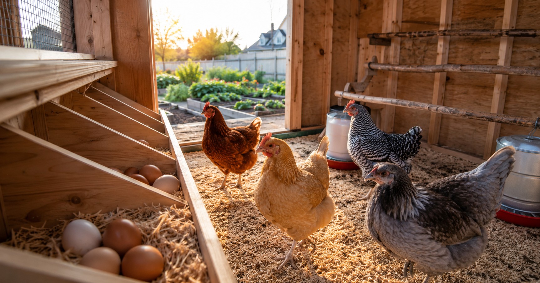 Clean chicken nesting boxes with fresh eggs and soft bedding inside a modern backyard chicken coop