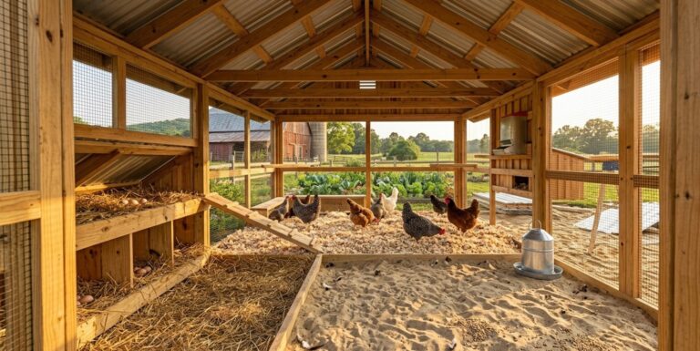 Clean backyard chicken coop floor with sand and pine bedding