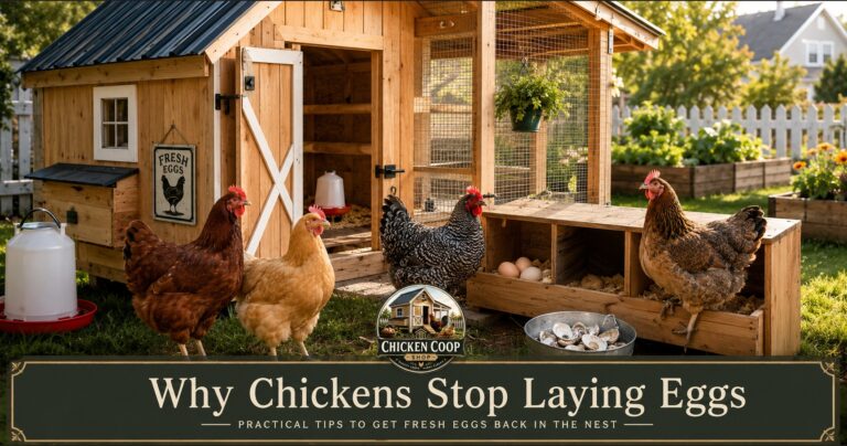 Backyard chickens near clean nesting boxes showing why chickens stop laying eggs