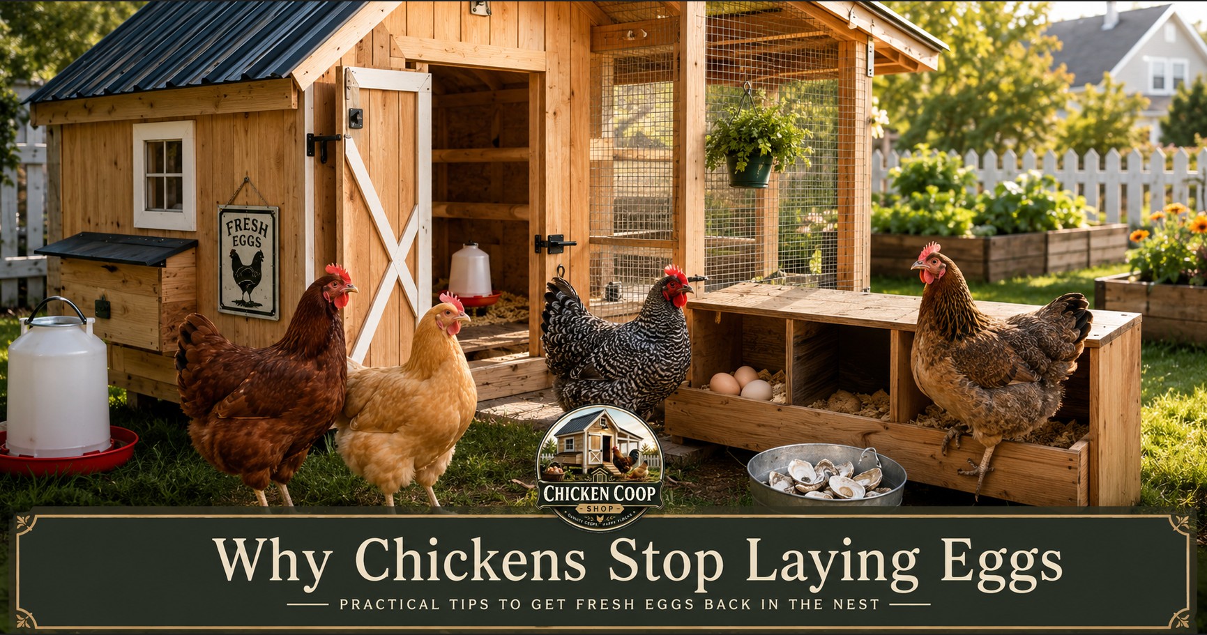 Backyard chickens near clean nesting boxes showing why chickens stop laying eggs