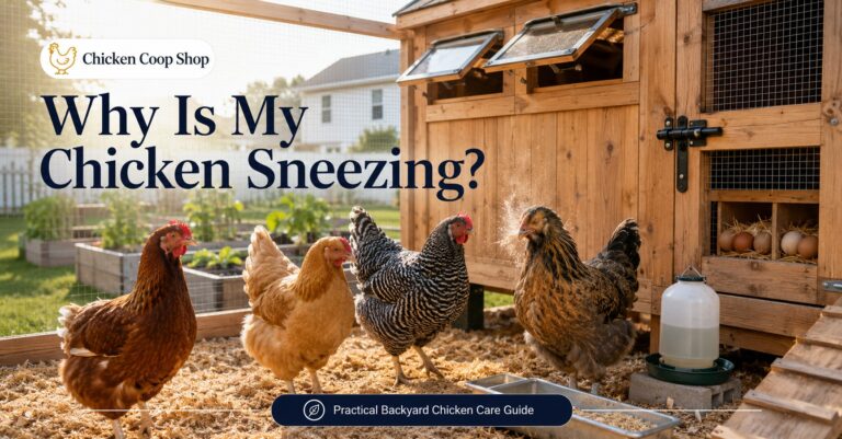 Healthy backyard chickens near a clean ventilated coop while one hen appears to sneeze