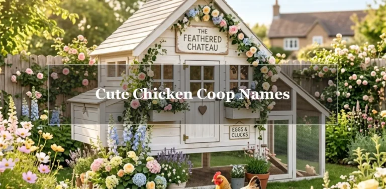 An adorable white-washed cottage-style chicken coop decorated with blooming pastel flowers, with fluffy baby chicks in a sunny garden and the text overlay "Cute Chicken Coop Names".