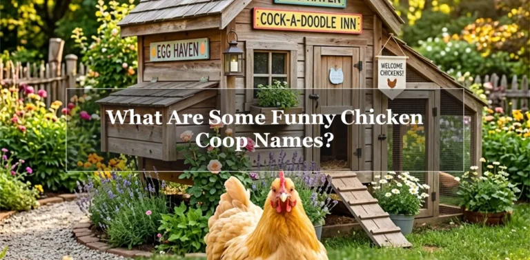 A rustic wooden chicken coop in a sunny green backyard with a funny, curious hen in the foreground, featuring the text overlay: "What Are Some Funny Chicken Coop Names?".