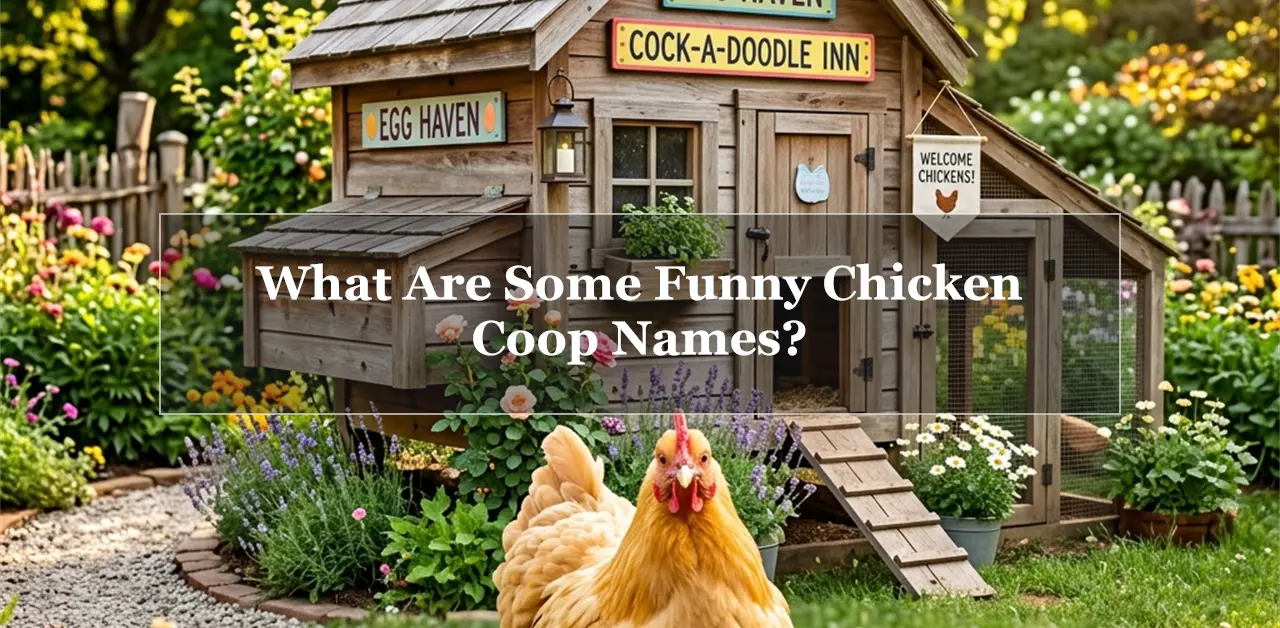A rustic wooden chicken coop in a sunny green backyard with a funny, curious hen in the foreground, featuring the text overlay: "What Are Some Funny Chicken Coop Names?".