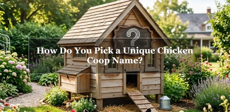 A charming wooden chicken coop in a sunny garden with fluffy heritage chickens, featuring the text overlay: "How Do You Pick a Unique Chicken Coop Name?".
