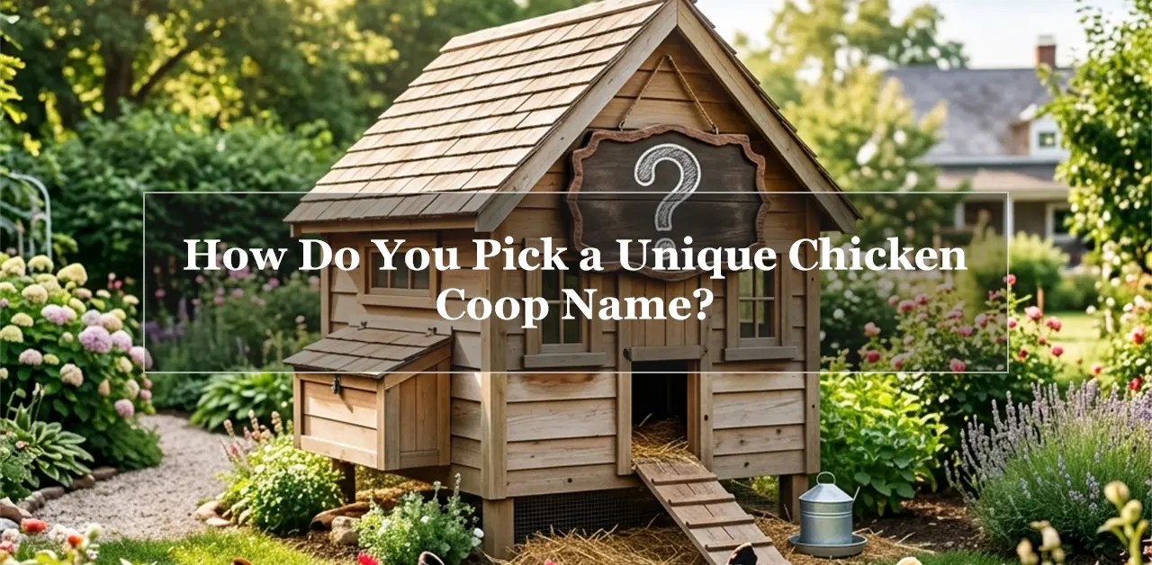 A charming wooden chicken coop in a sunny garden with fluffy heritage chickens, featuring the text overlay: "How Do You Pick a Unique Chicken Coop Name?".